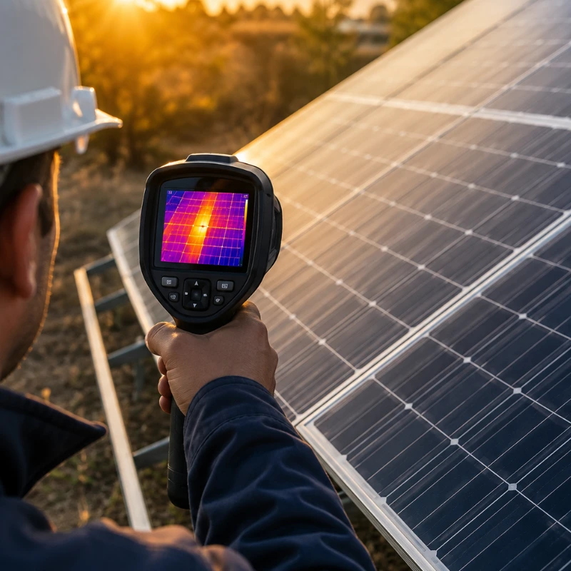 Técnico realizando una inspección termográfica en paneles solares mediante cámara térmica Técnico realizando una inspección termográfica en paneles solares mediante cámara térmica