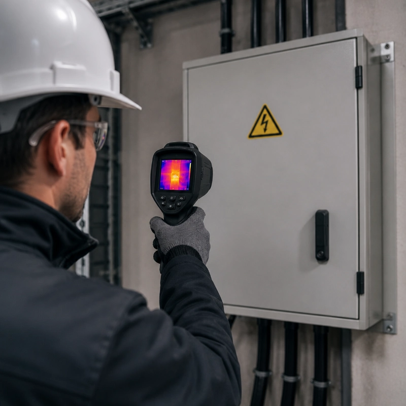 Técnico realizando una inspección termográfica en un cuadro eléctrico mediante cámara térmica Técnico realizando una inspección termográfica en un cuadro eléctrico mediante cámara térmica